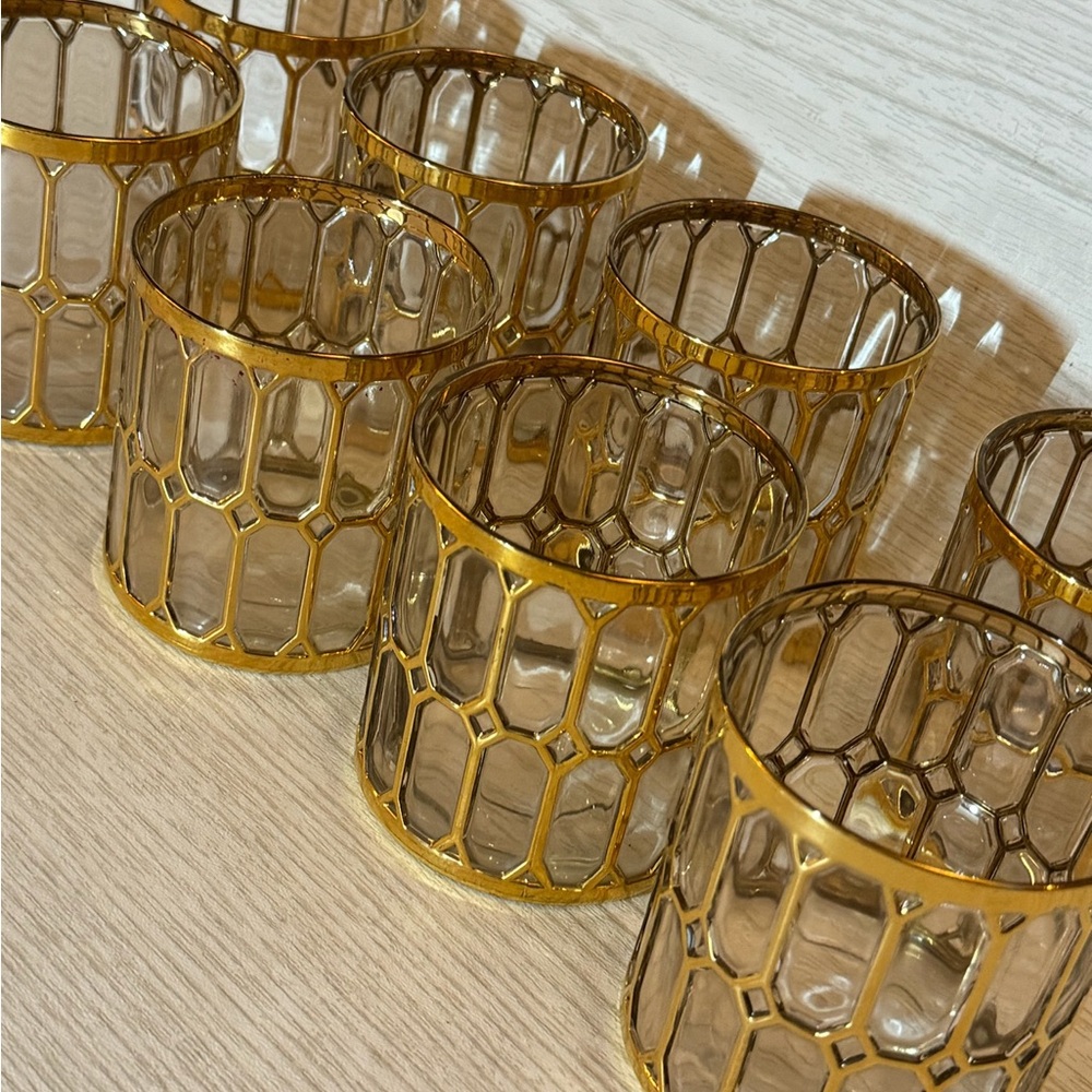 RARE IMPERIAL 8pc SPANISH WINDOW Crystal 22kt Gold Cocktail Glasses IN BOX